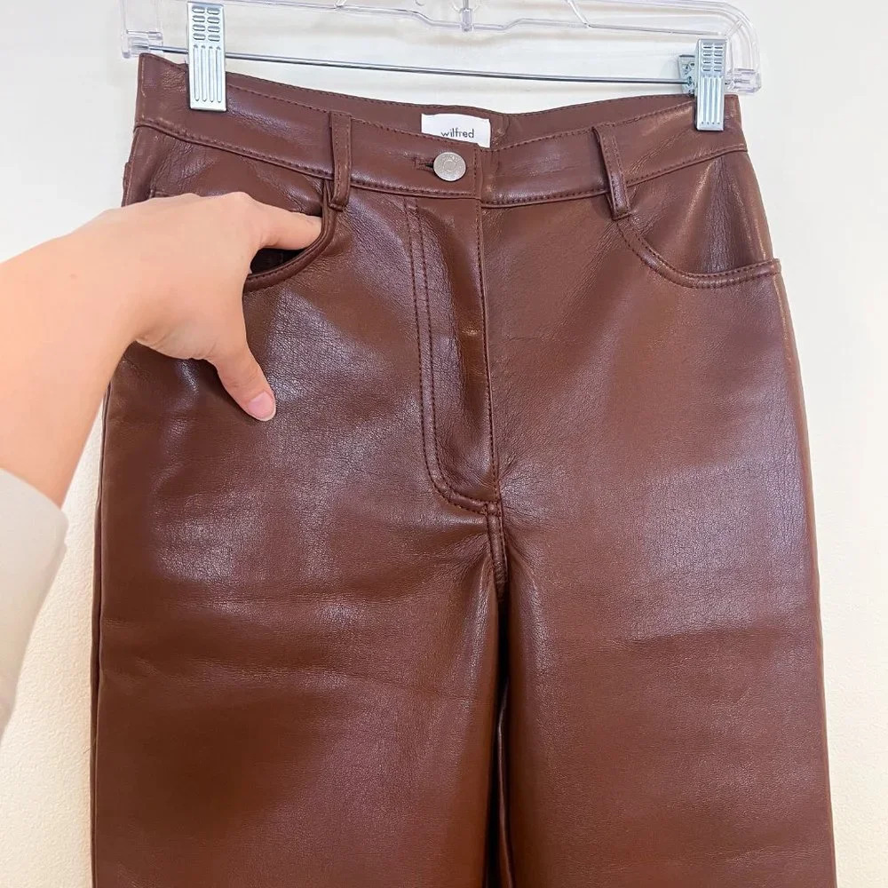 Wilfred The Melina Brown Faux Leather High Waist Classic Straight Leg Pants 4 - Picture 4 of 8